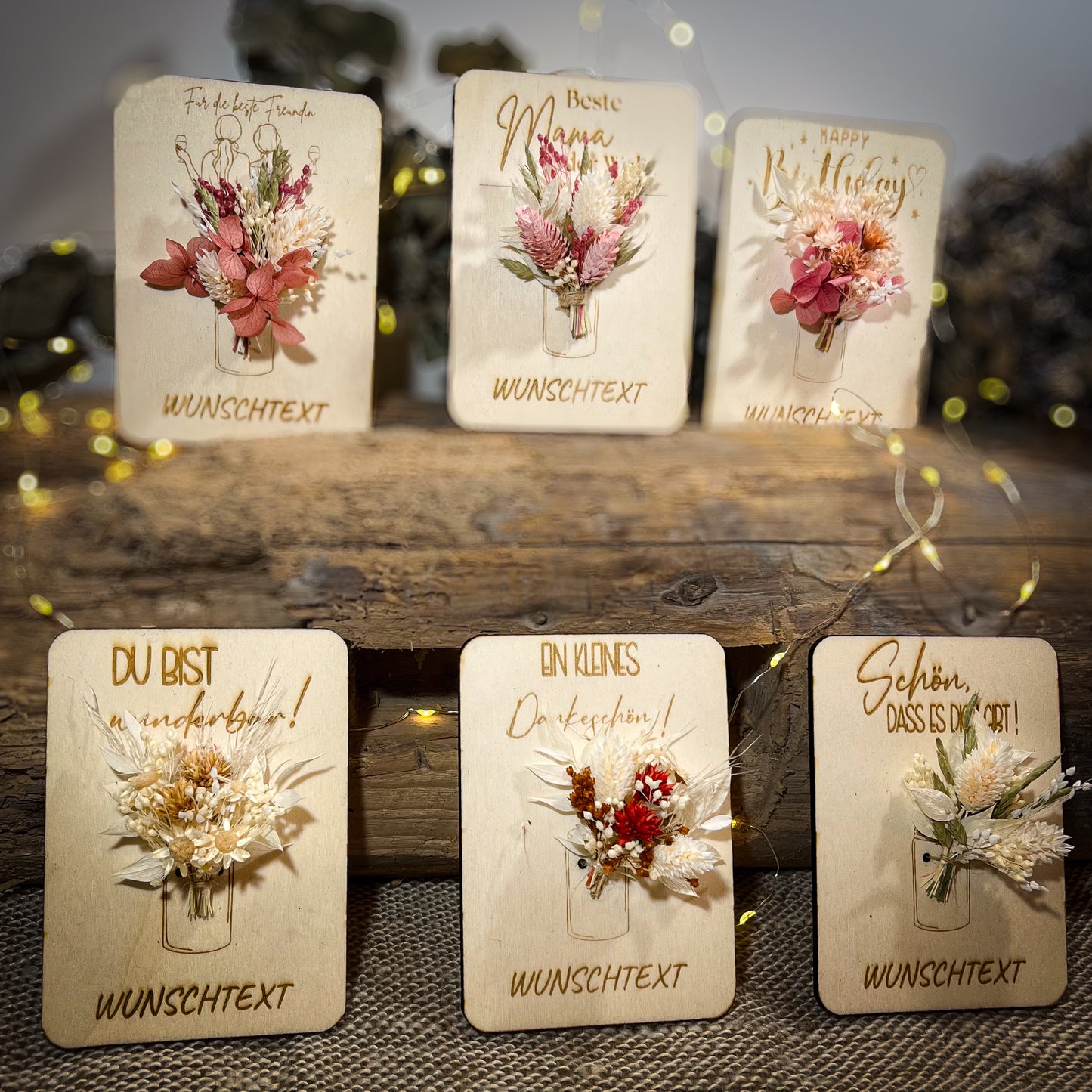 personalisierte Grußkarte / Holzkarte / kleines Mitbringsel / Trockenblumen