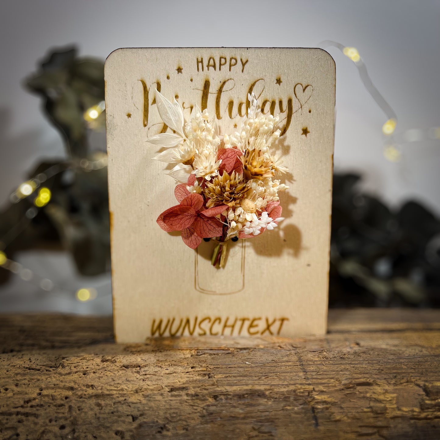 personalisierte Grußkarte / Holzkarte / kleines Mitbringsel / Trockenblumen