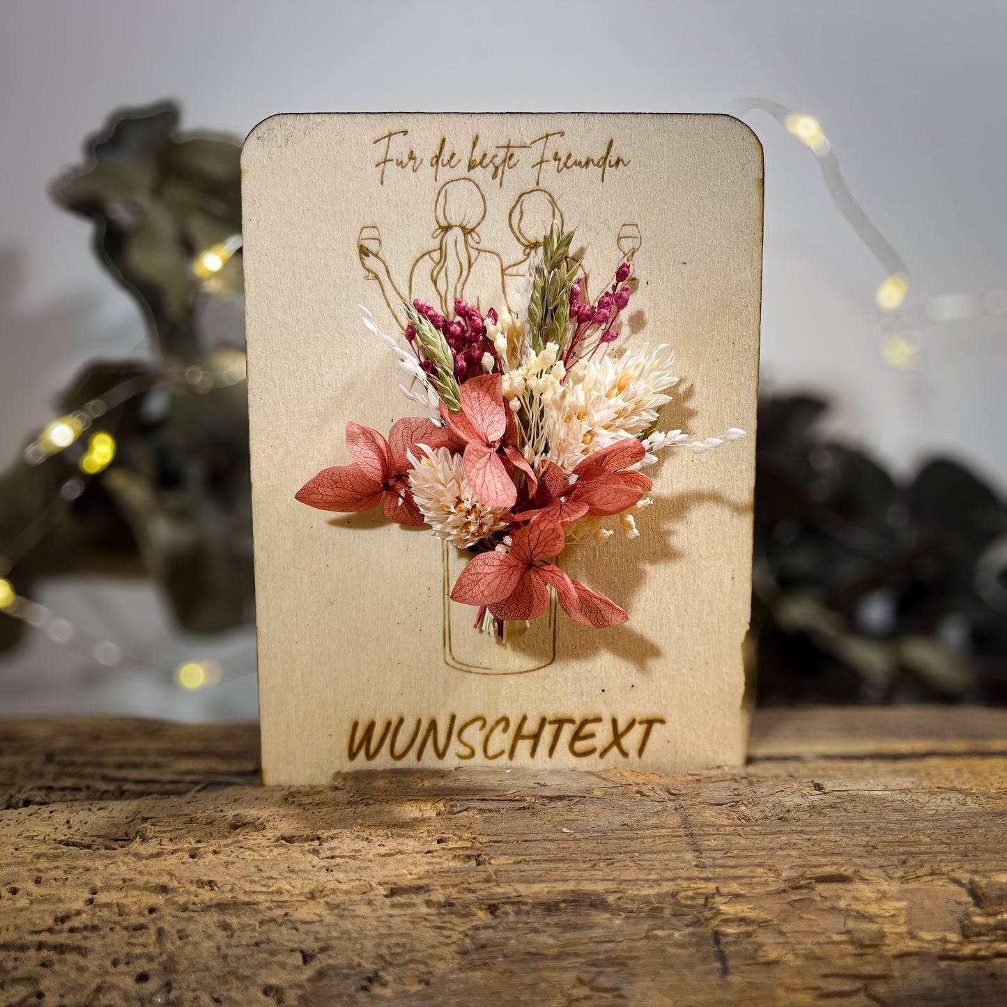 personalisierte Grußkarte / Holzkarte / kleines Mitbringsel / Trockenblumen