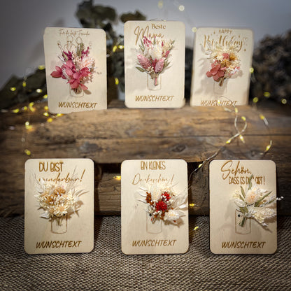 personalisierte Grußkarte / Holzkarte / kleines Mitbringsel / Trockenblumen