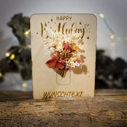 personalisierte Grußkarte / Holzkarte / kleines Mitbringsel / Trockenblumen